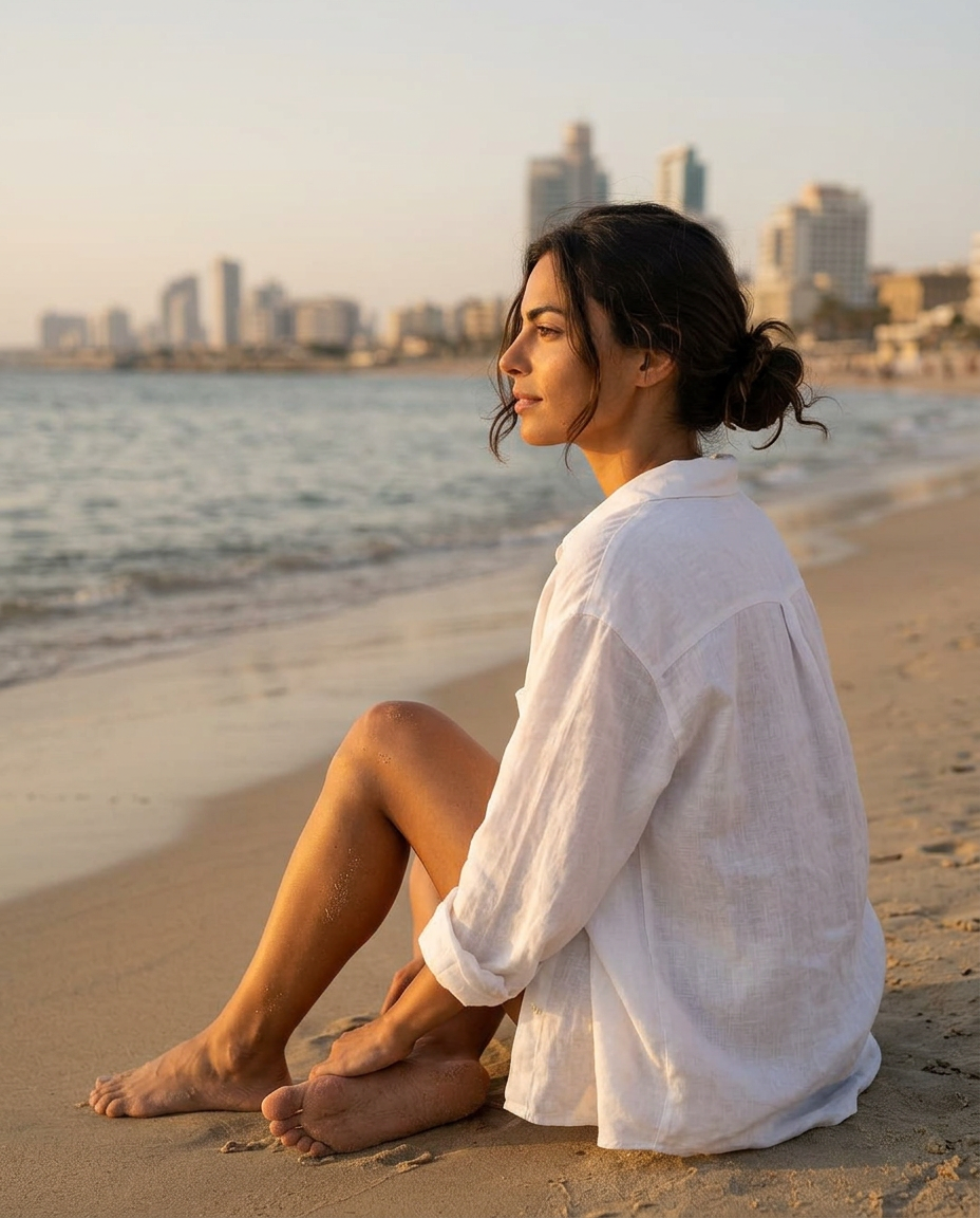 A Confia customer seated at the Tel Aviv shore in a relaxed white linen shirt