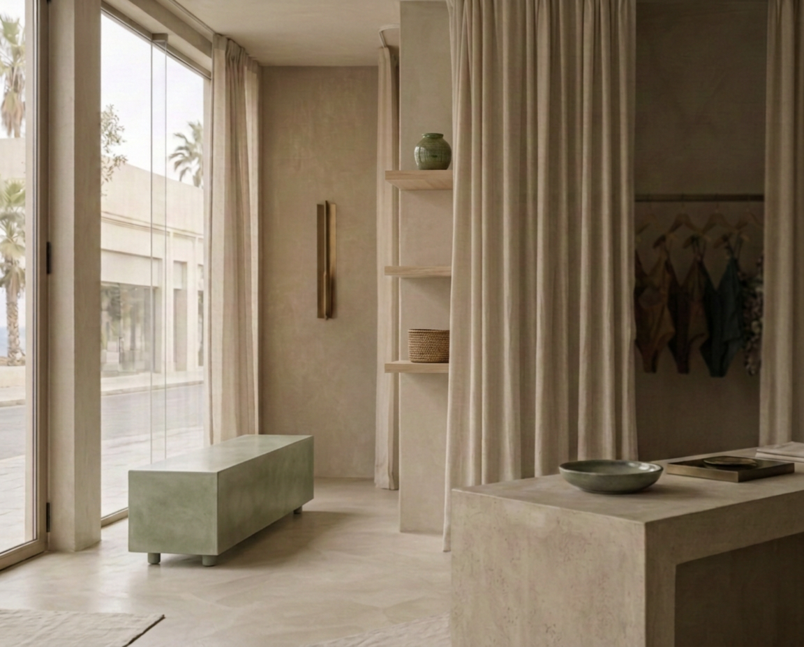 Minimal Tel Aviv boutique interior with a brass rail of swimsuits