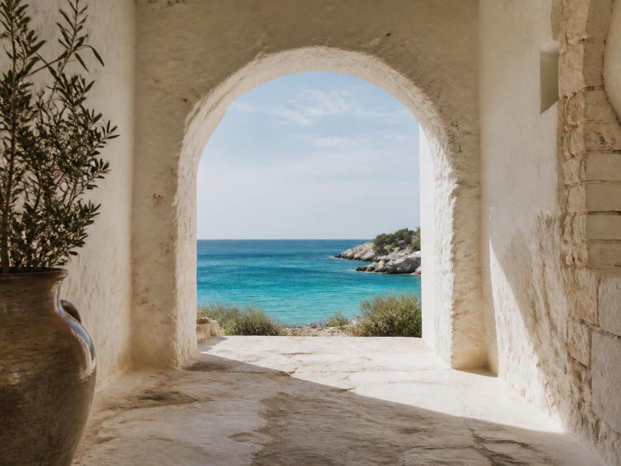 Turquoise sea seen through a whitewashed Mediterranean archway